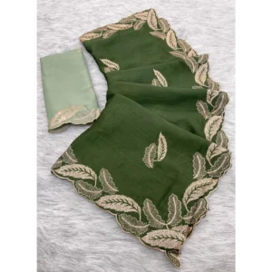 Generic Women's Chiffon Embroidered Saree With Unstitched Blouse 5.5Mtr�(Green)