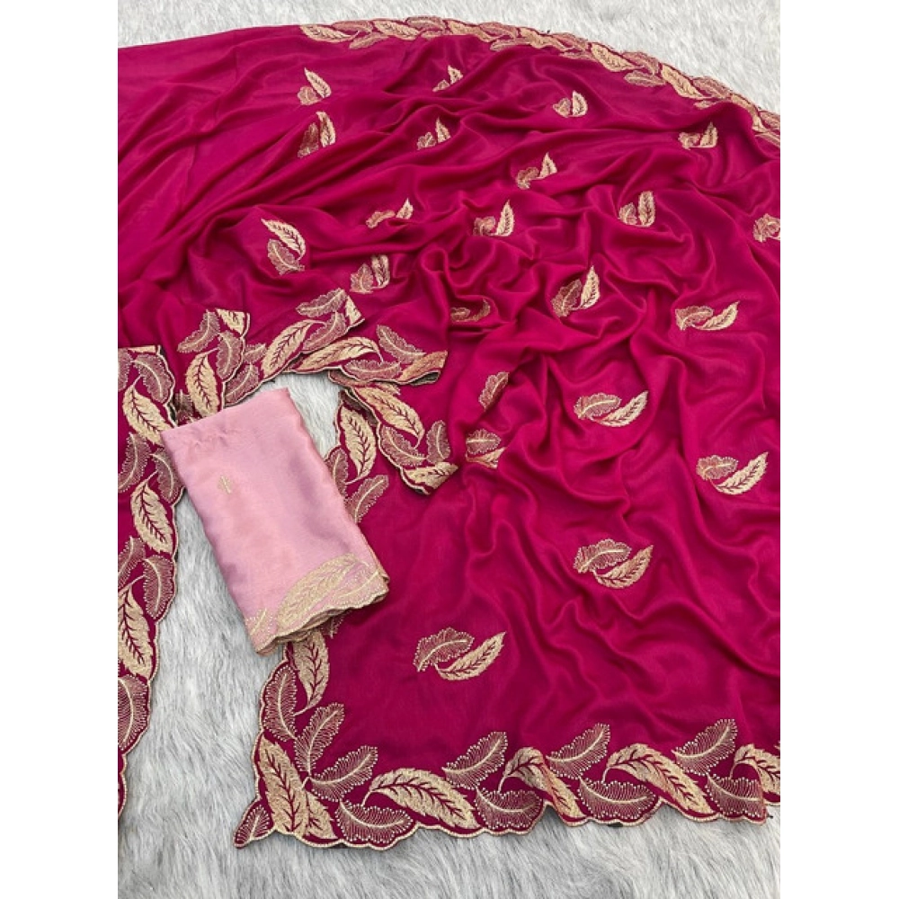 Generic Women's Chiffon Embroidered Saree With Unstitched Blouse 5.5Mtr�(Pink) - Image 3