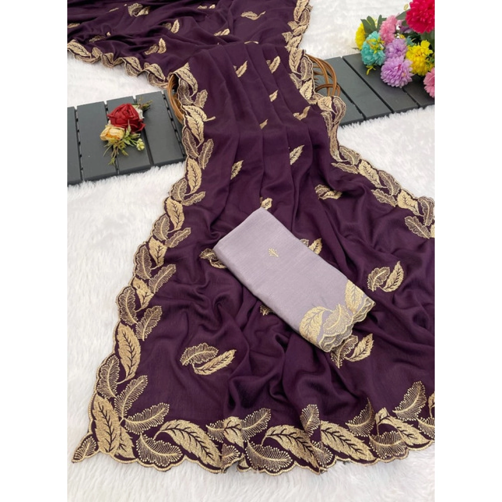 Generic Women's Chiffon Embroidered Saree With Unstitched Blouse 5.5Mtr�(Magenta) - Image 4