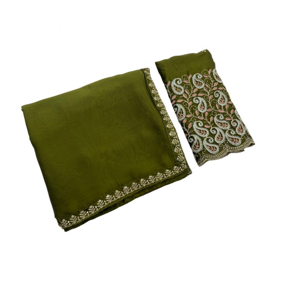 Generic Women's Chiffon Embroidered Saree With Unstitched Blouse 5.5Mtr�(Olive Green) - Image 2