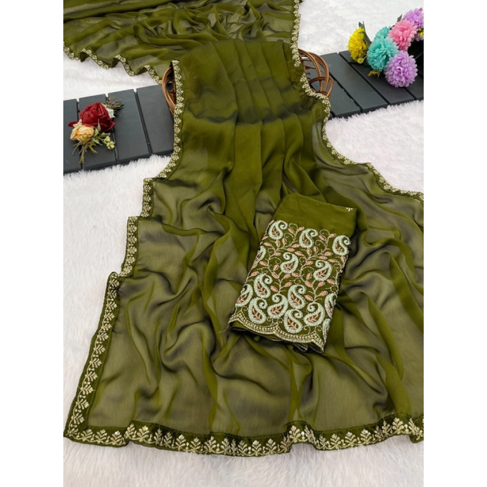 Generic Women's Chiffon Embroidered Saree With Unstitched Blouse 5.5Mtr�(Olive Green) - Image 4