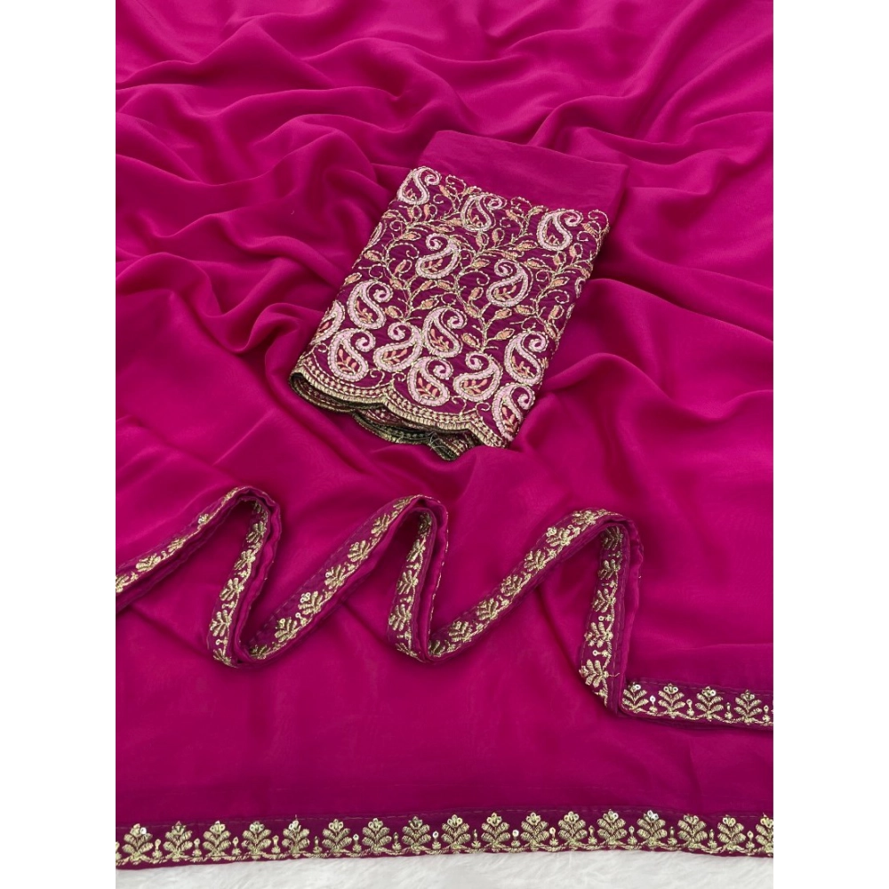 Generic Women's Chiffon Embroidered Saree With Unstitched Blouse 5.5Mtr�(Magenta) - Image 3