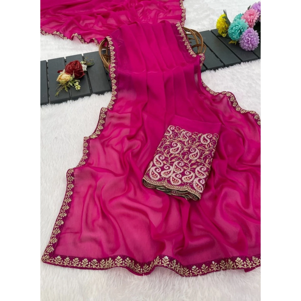 Generic Women's Chiffon Embroidered Saree With Unstitched Blouse 5.5Mtr�(Magenta) - Image 4