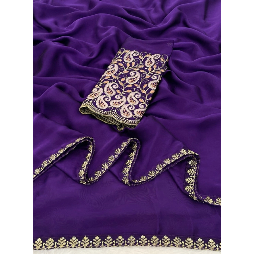 Generic Women's Chiffon Embroidered
Saree With Unstitched Blouse 5.5Mtr�(Purple) - Image 3