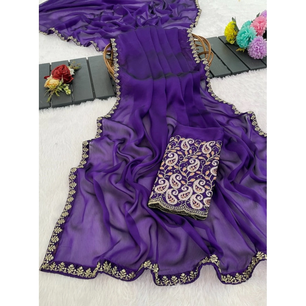 Generic Women's Chiffon Embroidered
Saree With Unstitched Blouse 5.5Mtr�(Purple) - Image 4