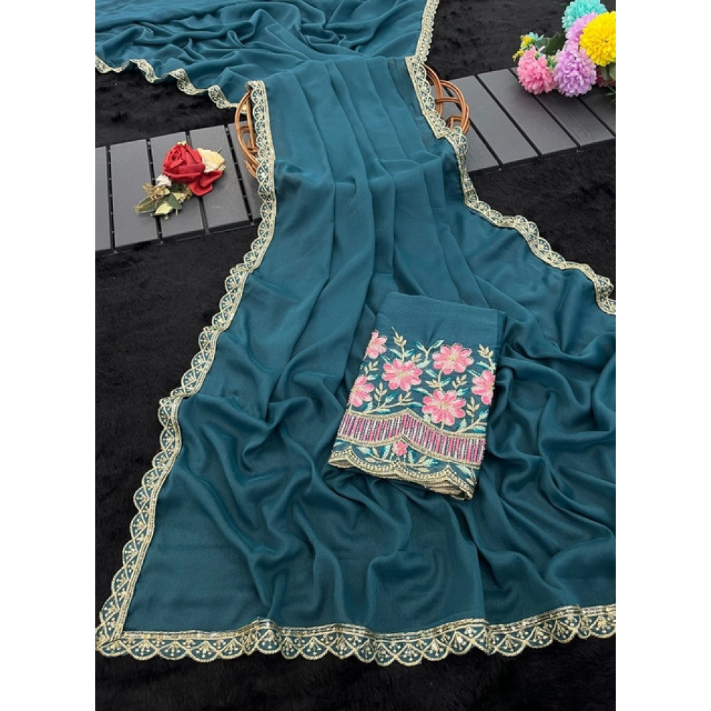Generic Women's Georgette Embellished Saree With Unstitched Blouse 5.5Mtr�(Teal) - Image 4