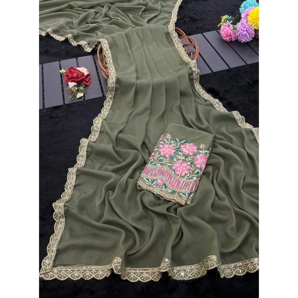 Generic Women's Georgette Embellished Saree With Unstitched Blouse 5.5Mtr�(Olive Green) - Image 4