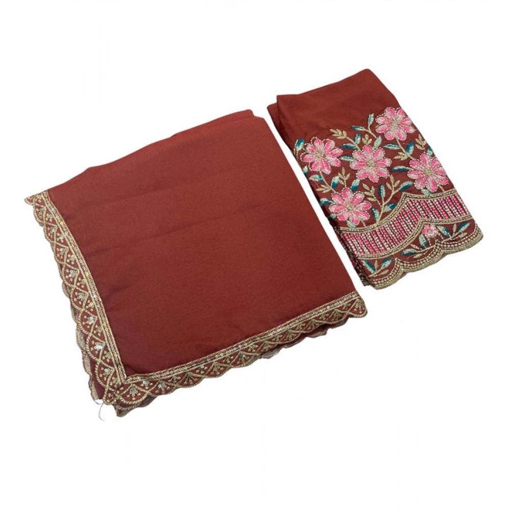 Generic Women's Georgette Embellished Saree With Unstitched Blouse 5.5Mtr�(Brown) - Image 2