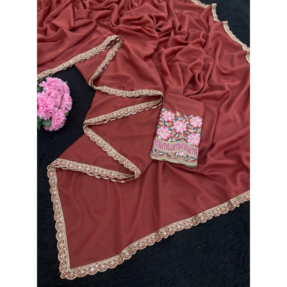 Generic Women's Georgette Embellished Saree With Unstitched Blouse 5.5Mtr�(Brown) - Image 3