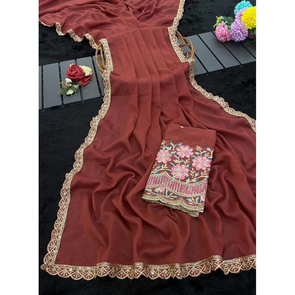 Generic Women's Georgette Embellished Saree With Unstitched Blouse 5.5Mtr�(Brown) - Image 4