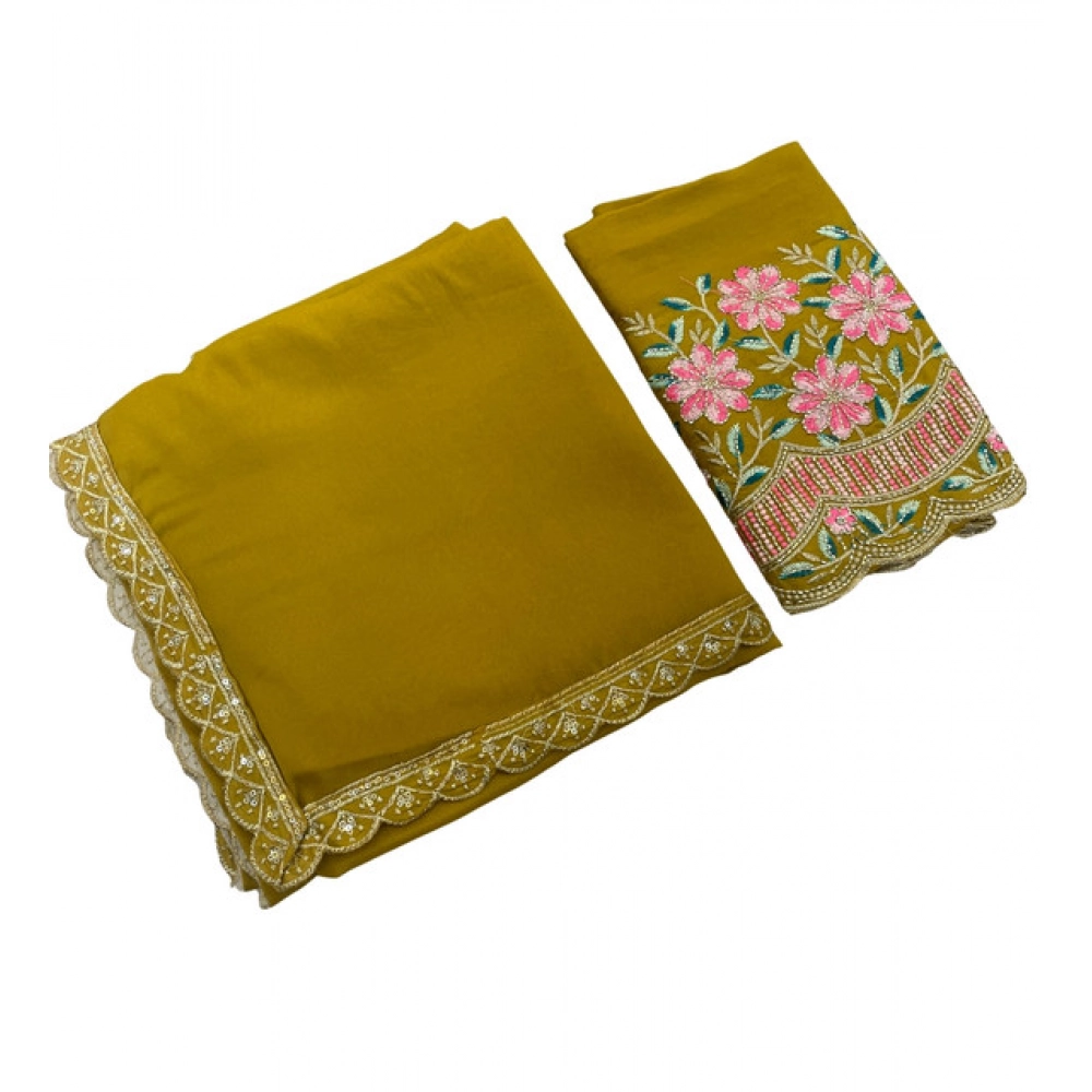 Generic Women's Georgette Embellished Saree With Unstitched Blouse 5.5Mtr�(Yellow) - Image 2