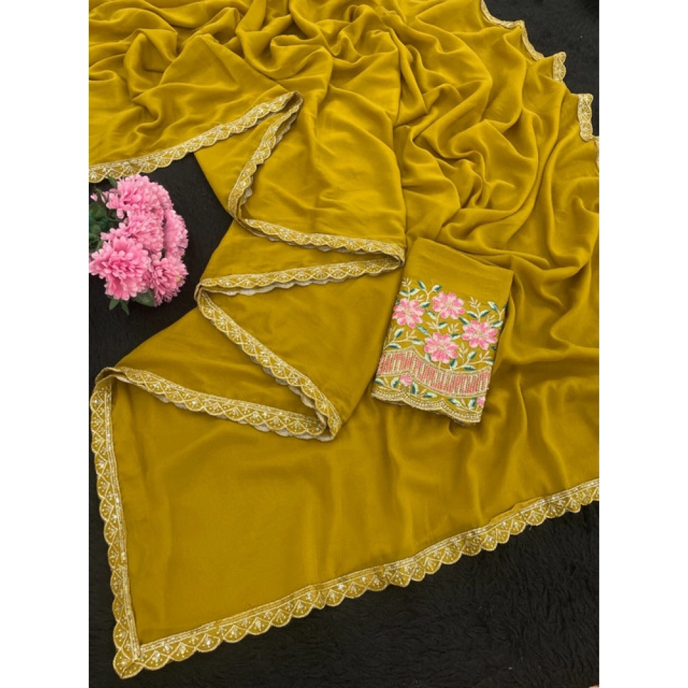 Generic Women's Georgette Embellished Saree With Unstitched Blouse 5.5Mtr�(Yellow) - Image 3