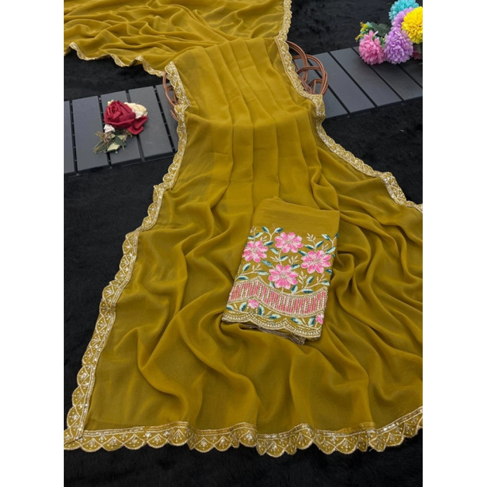 Generic Women's Georgette Embellished Saree With Unstitched Blouse 5.5Mtr�(Yellow) - Image 4