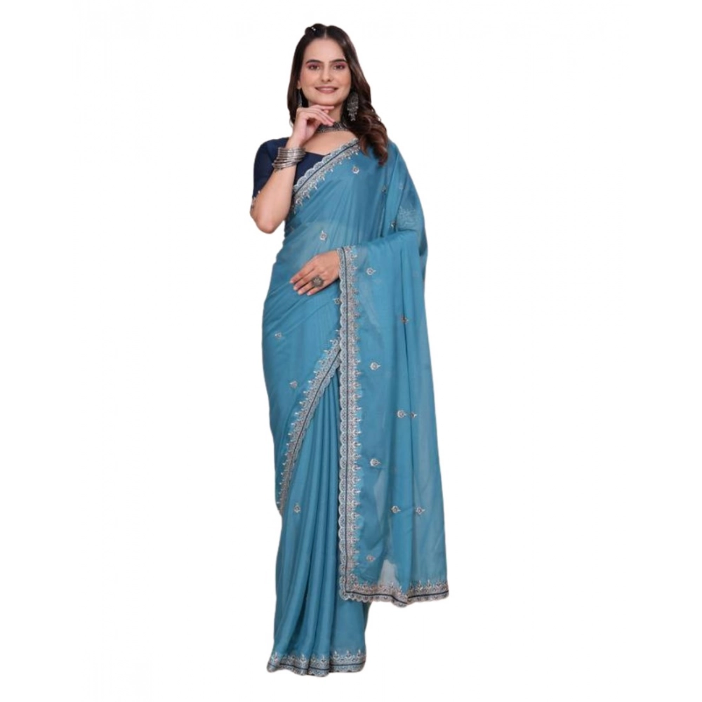 Generic Women's Georgette Embellished Saree With Unstitched Blouse 5.5Mtr�(Aqua Blue) - Image 2
