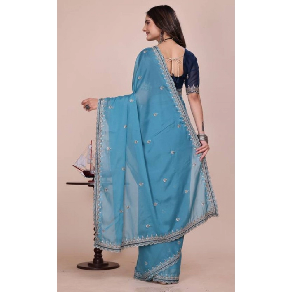 Generic Women's Georgette Embellished Saree With Unstitched Blouse 5.5Mtr�(Aqua Blue) - Image 3