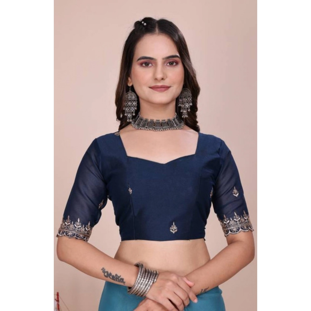 Generic Women's Georgette Embellished Saree With Unstitched Blouse 5.5Mtr�(Aqua Blue) - Image 4