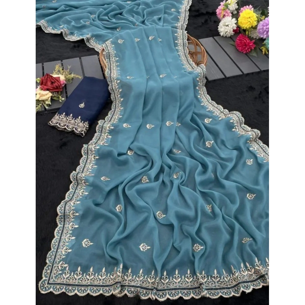 Generic Women's Georgette Embellished Saree With Unstitched Blouse 5.5Mtr�(Aqua Blue) - Image 5