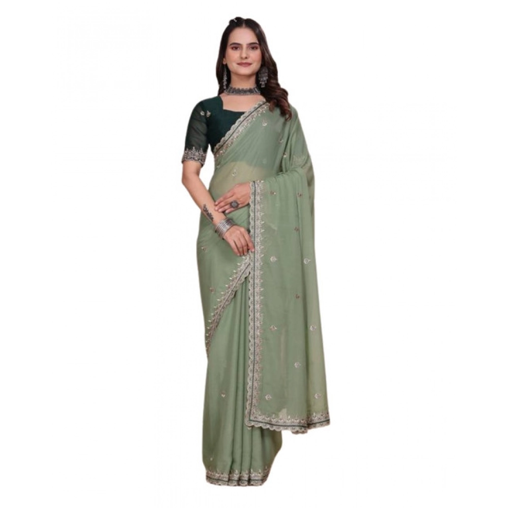 Generic Women's Georgette Embellished Saree With Unstitched Blouse 5.5Mtr�(Pista Green) - Image 2