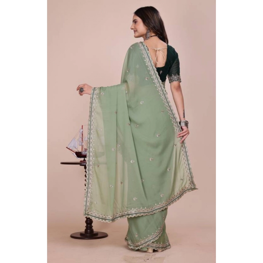 Generic Women's Georgette Embellished Saree With Unstitched Blouse 5.5Mtr�(Pista Green) - Image 3