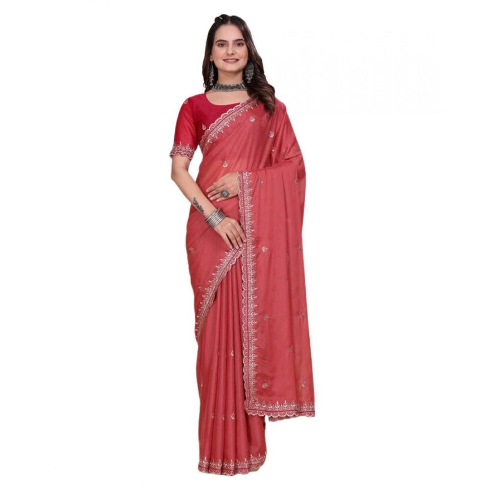 Generic Women's Georgette Embellished Saree With Unstitched Blouse 5.5Mtr�(Coral Red) - Image 2
