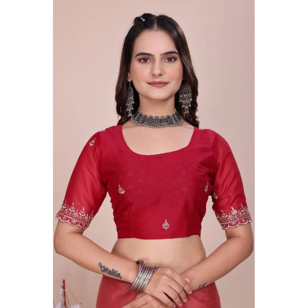 Generic Women's Georgette Embellished Saree With Unstitched Blouse 5.5Mtr�(Coral Red) - Image 4