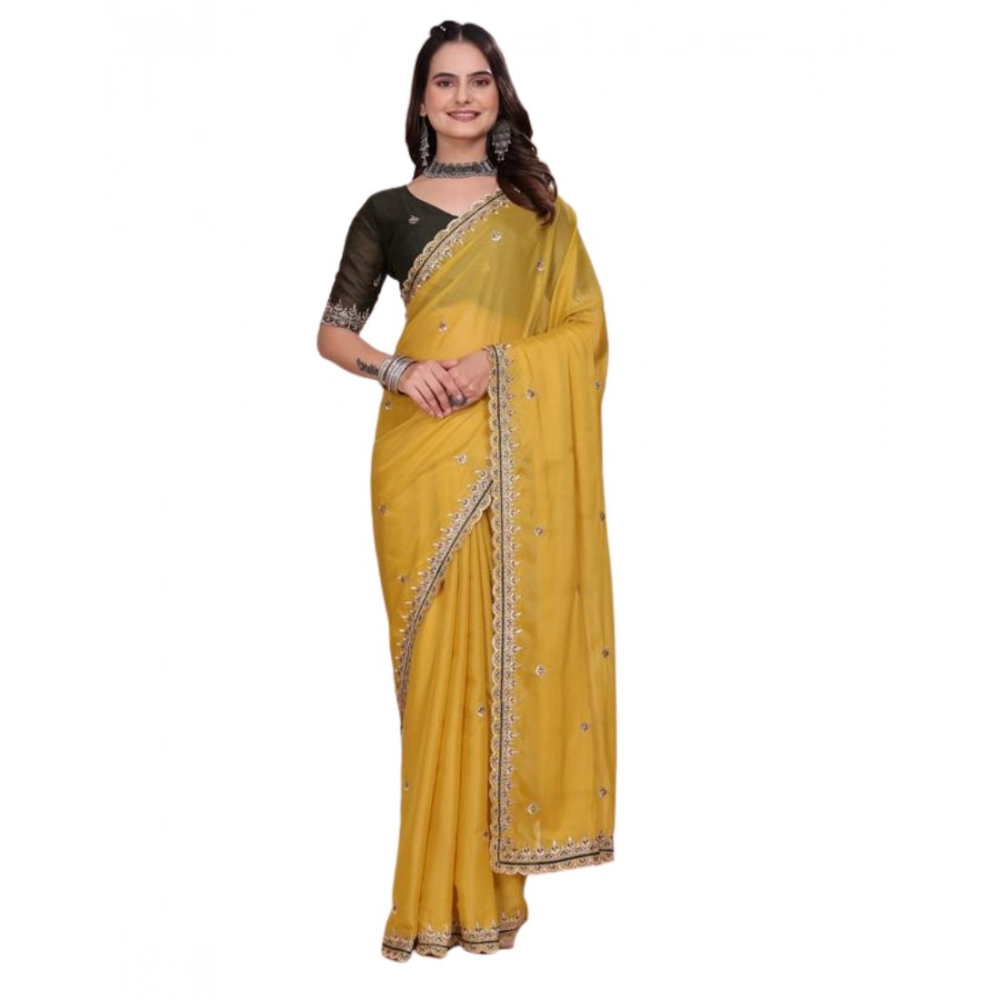 Generic Women's Georgette Embellished Saree With Unstitched Blouse 5.5Mtr�(Yellow) - Image 2
