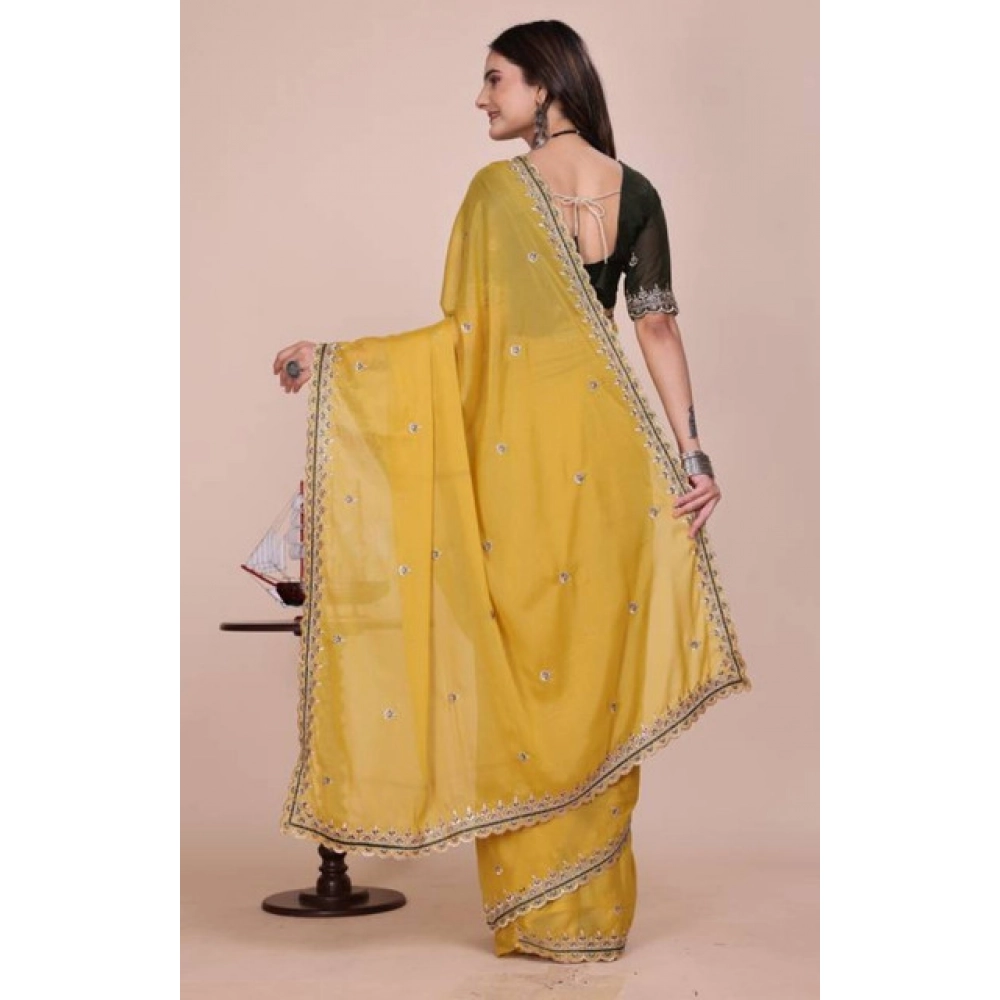 Generic Women's Georgette Embellished Saree With Unstitched Blouse 5.5Mtr�(Yellow) - Image 3