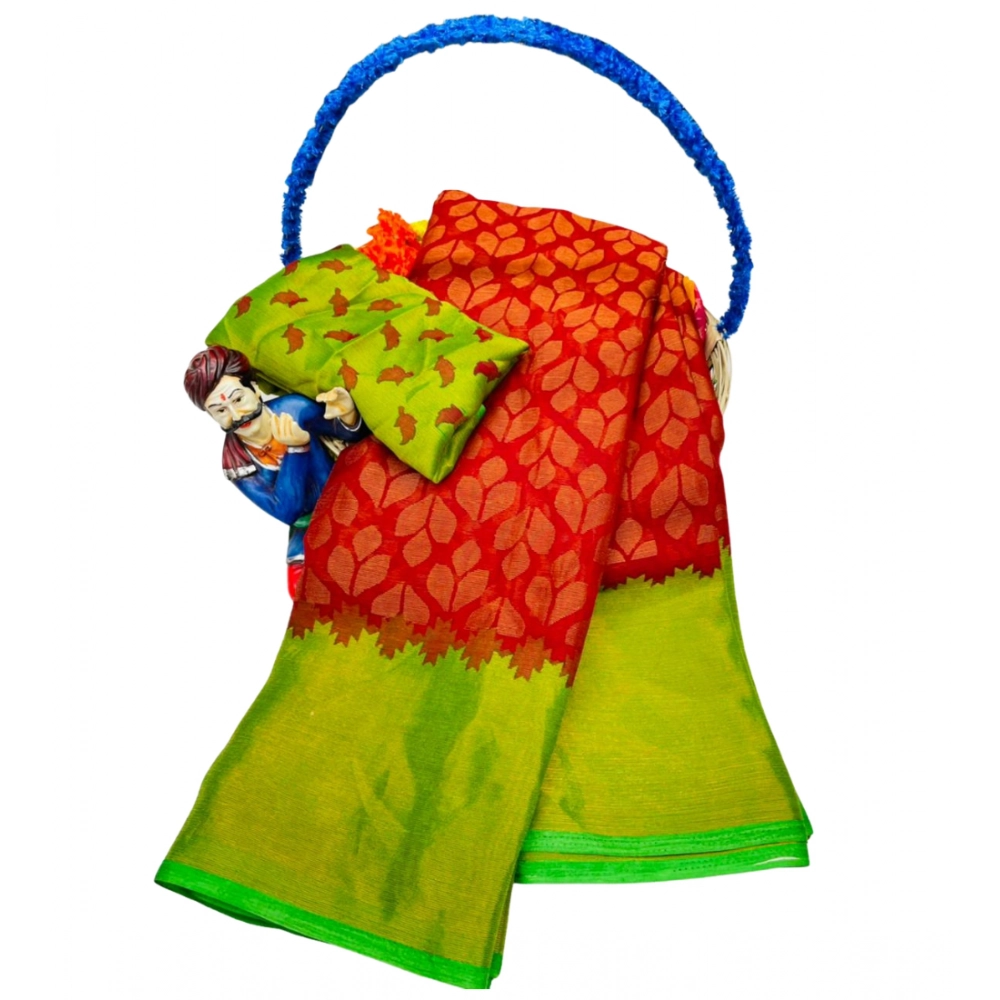 Generic Women's Brasso Printed Saree With Unstitched Blouse 5.5Mtr (Red) - Image 2