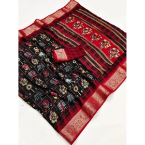 Generic Women's Dola Silk Printed Saree With Unstitched Blouse 5.5Mtr (BLACK)
