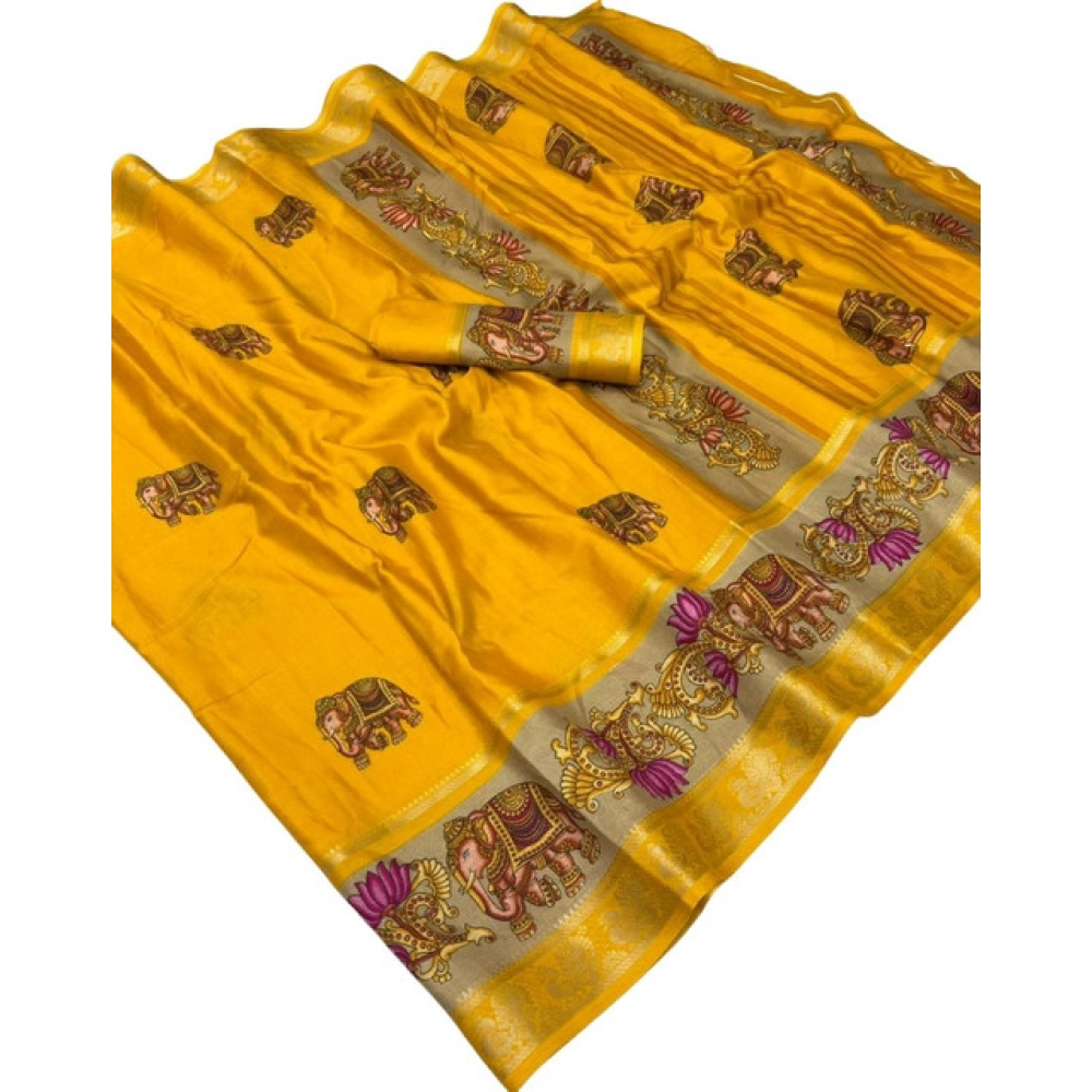 Generic Women's Dola Silk Printed Saree With Unstitched Blouse 5.5Mtr (Yellow) - Image 2