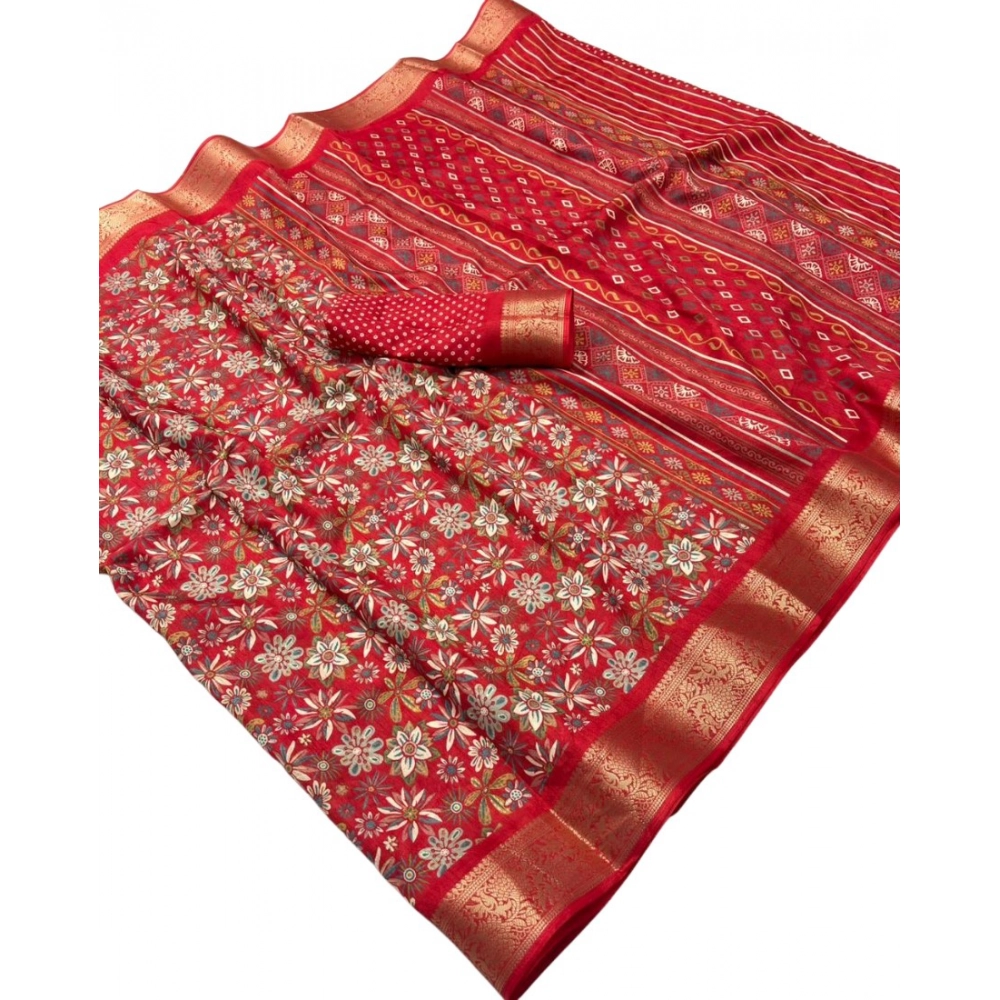 Generic Women's Dola Silk Floral Printed Saree With Unstitched Blouse 5.5Mtr (Red) - Image 2