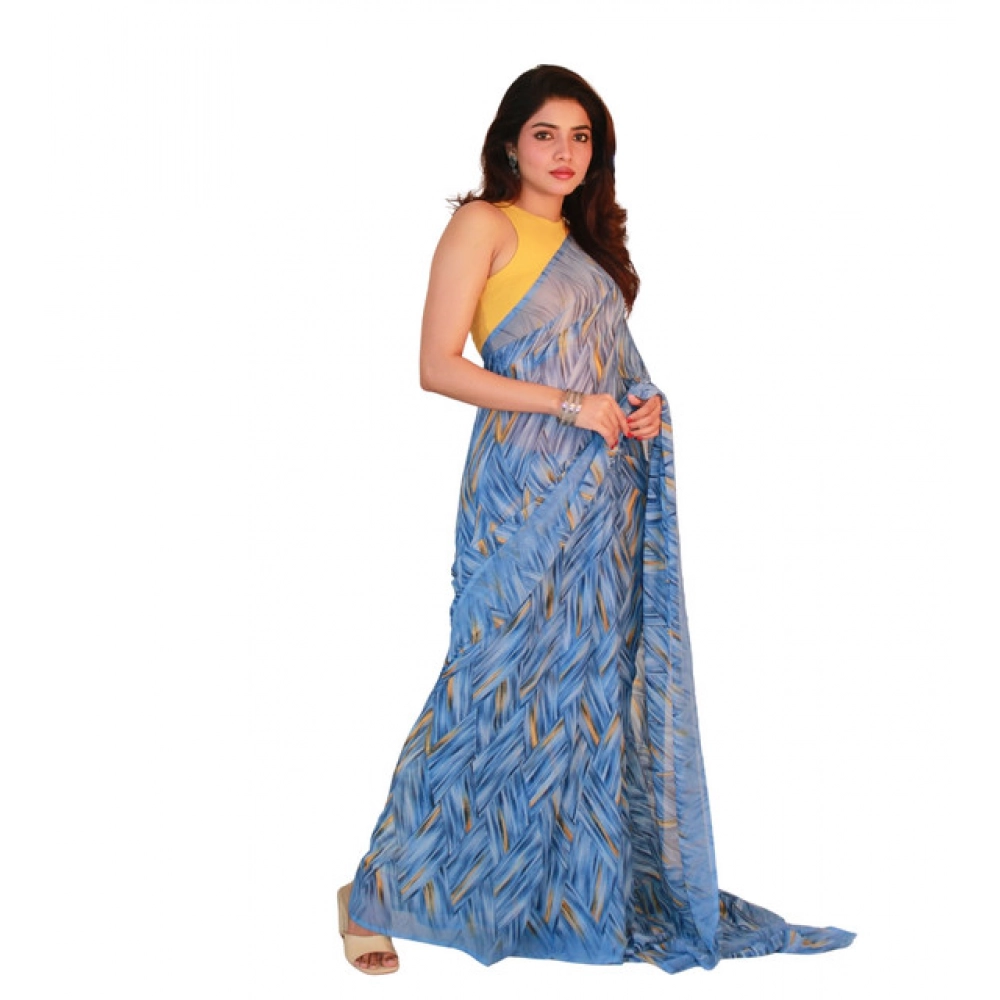 Generic Women's Georgette Printed Saree With Unstitched Blouse 5.5Mtr (Blue) - Image 2