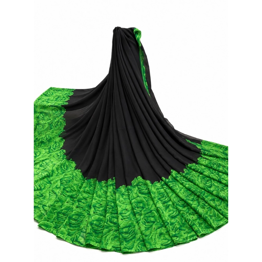 Generic Women's Georgette Printed Saree With Unstitched Blouse 5.5Mtr (Black-Green) - Image 2
