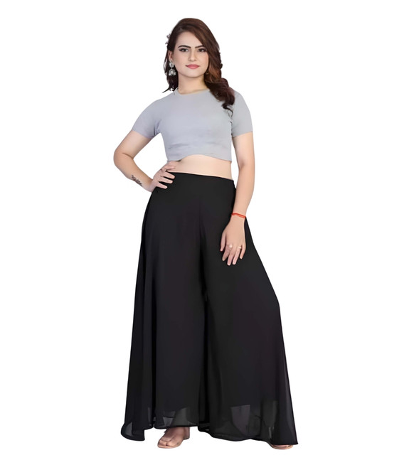 Generic Women's Pack of 1 Georgette Solid High Rise Wide Leg Flared Palazzo with Elastic Waist (Black) - Image 2