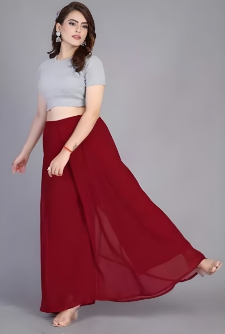 Generic Women's Pack of 1 Georgette Solid High Rise Wide Leg Flared Palazzo with Elastic Waist (Maroon)
