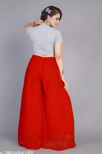 Generic Women's Pack of 1 Georgette Solid High Rise Wide Leg Flared Palazzo with Elastic Waist (Red) - Image 3