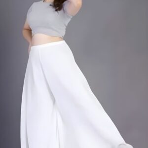 Generic Women's Pack of 1 Georgette Solid High Rise Wide Leg Flared Palazzo with Elastic Waist (White)
