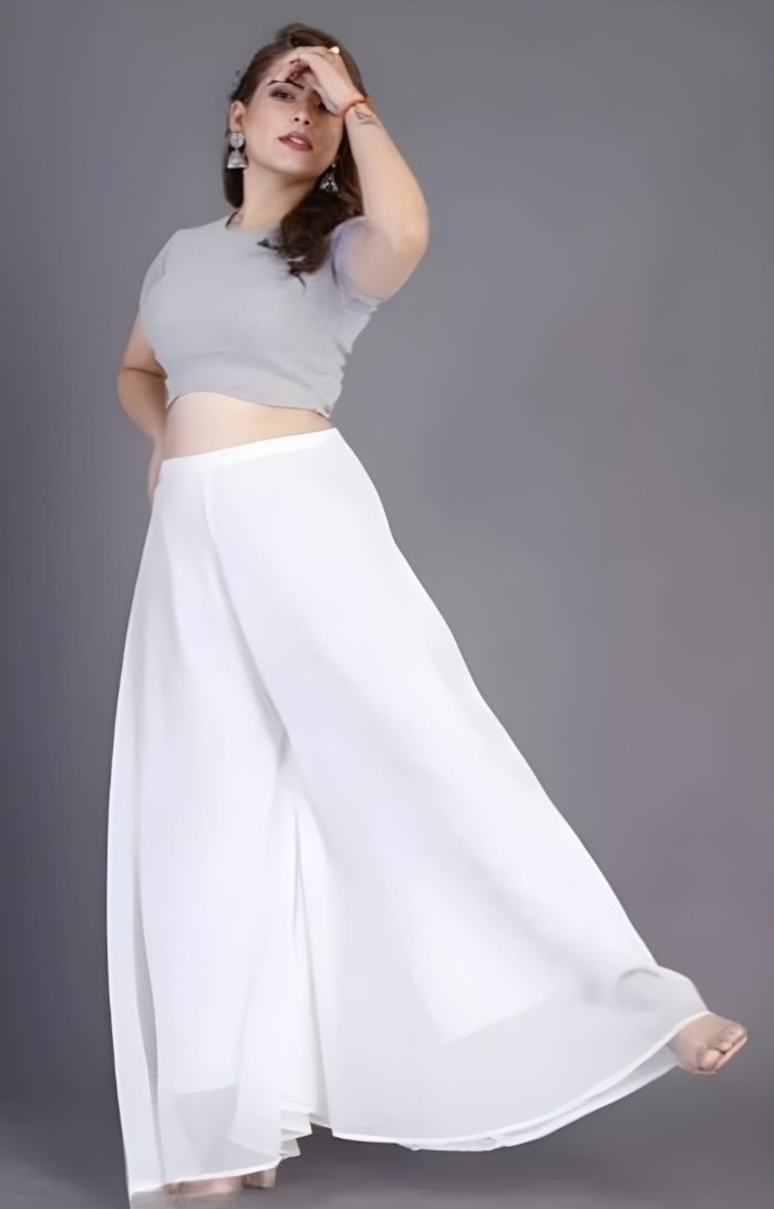 Generic Women's Pack of 1 Georgette Solid High Rise Wide Leg Flared Palazzo with Elastic Waist (White)