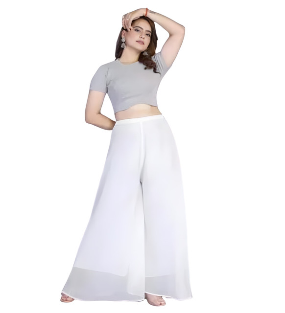 Generic Women's Pack of 1 Georgette Solid High Rise Wide Leg Flared Palazzo with Elastic Waist (White) - Image 2