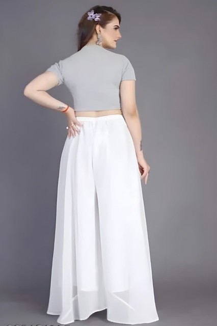 Generic Women's Pack of 1 Georgette Solid High Rise Wide Leg Flared Palazzo with Elastic Waist (White) - Image 3
