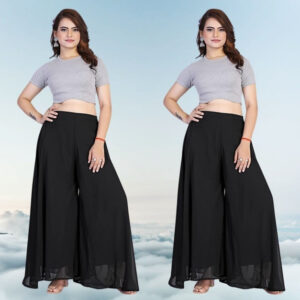Generic Women's Pack of 2 Georgette Solid High Rise Wide Leg Flared Palazzos with Elastic Waist (Black)