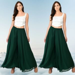 Generic Women's Pack of 2 Georgette Solid High Rise Wide Leg Flared Palazzos with Elastic Waist (Bottle Green)