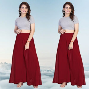 Generic Women's Pack of 2 Georgette Solid High Rise Wide Leg Flared Palazzos with Elastic Waist (Maroon)