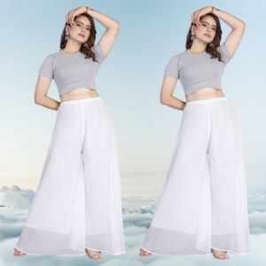 Generic Women's Pack of 2 Georgette Solid High Rise Wide Leg Flared Palazzos with Elastic Waist (White)