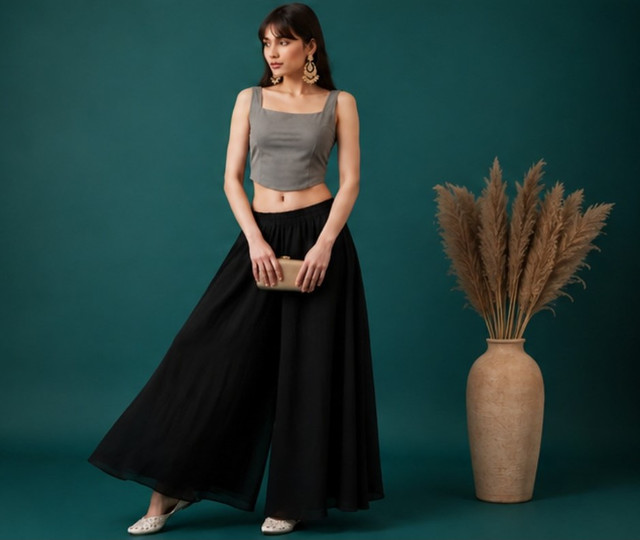 Generic Women's Georgette Solid Mid-Rise Wide Leg Flared Palazzo with Elastic Waist (Black) - Image 4