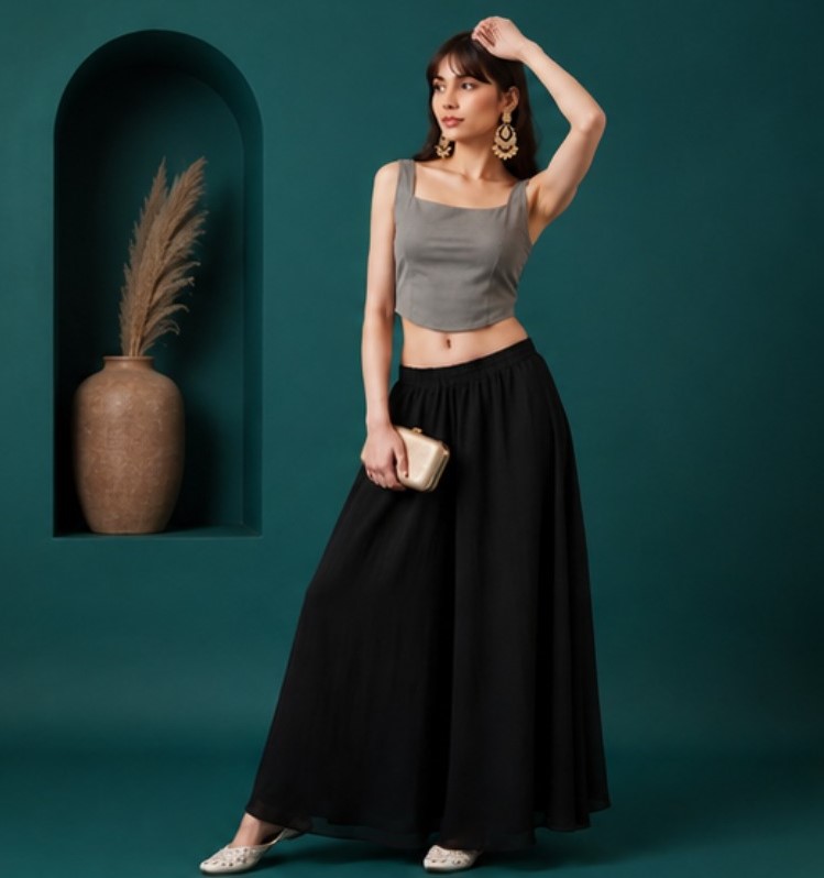 Generic Women's Georgette Solid Mid-Rise Wide Leg Flared Palazzo with Elastic Waist (Black) - Image 5