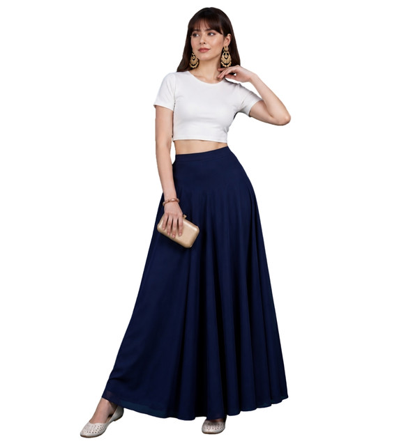 Generic Women's Georgette Solid Mid-Rise Wide Leg Flared Palazzo with Elastic Waist (Navy Blue) - Image 2