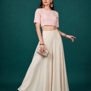 Generic Women's Georgette Solid Mid-Rise Wide Leg Flared Palazzo with Elastic Waist (Cream)