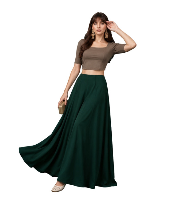 Generic Women's Georgette Solid Mid-Rise Wide Leg Flared Palazzo with Elastic Waist (Bottle Green) - Image 2
