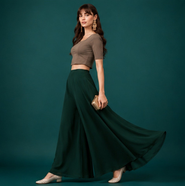 Generic Women's Georgette Solid Mid-Rise Wide Leg Flared Palazzo with Elastic Waist (Bottle Green) - Image 4
